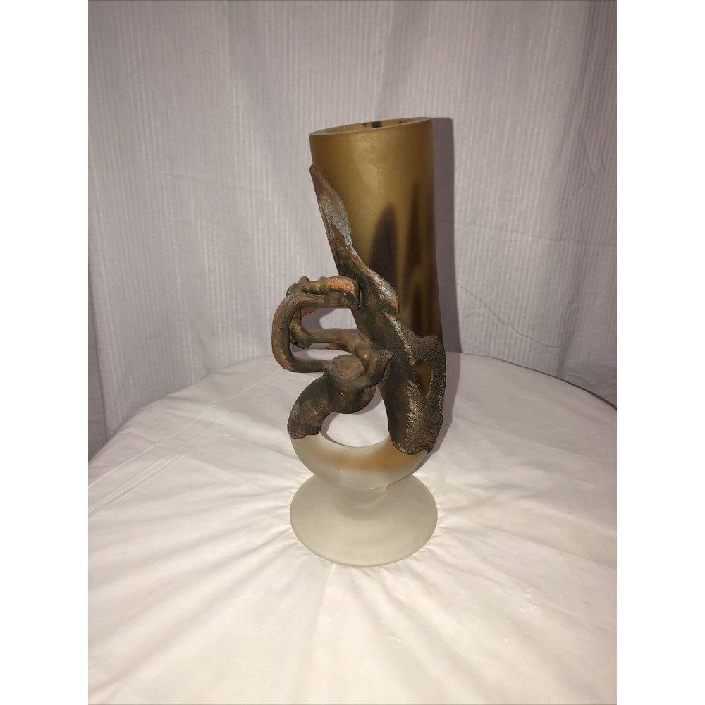 Art Deco Style Blown Glass Vase "Corn" 3d Metal Coated Brown  Handmade